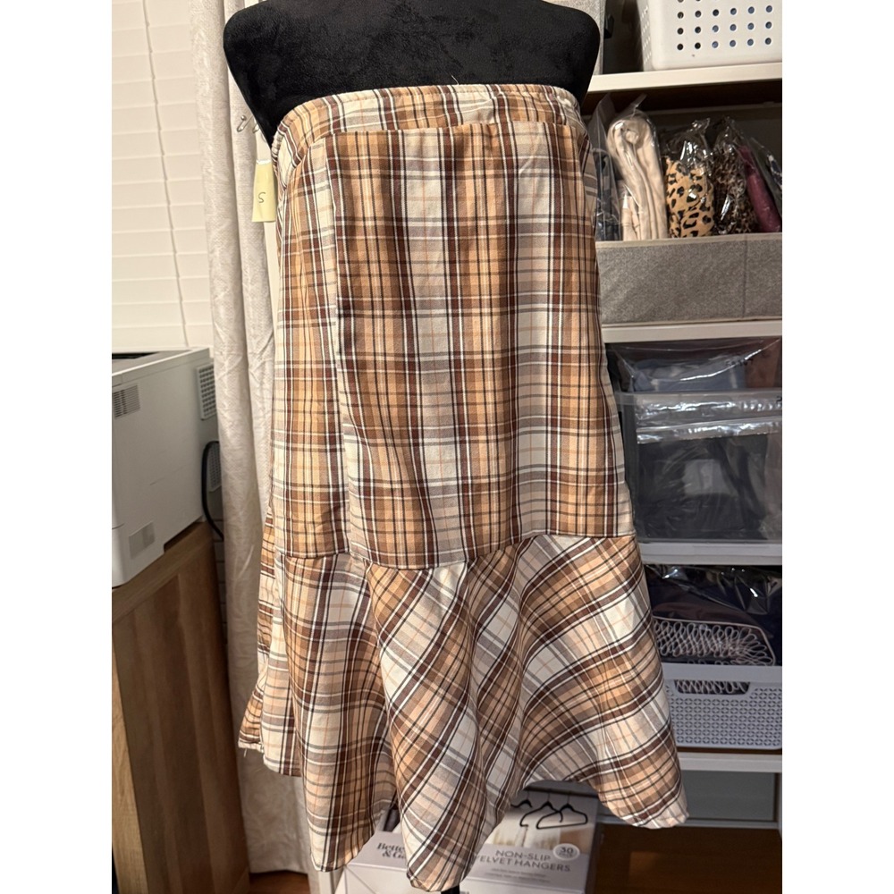 Fusionista Tan Plaid Strapless Mini Dress or Tunic Plus Size 3X Ruffle Hem NWT